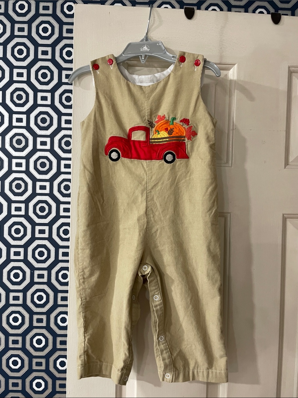 Cactus Beige Overalls with Red Truck & Pumpkin Applique